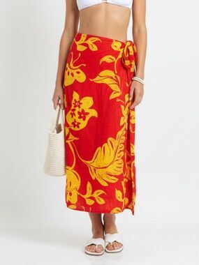 Jams World Red & Yellow Floral Hawaiian Print Wrap Maxi Long Skirt M